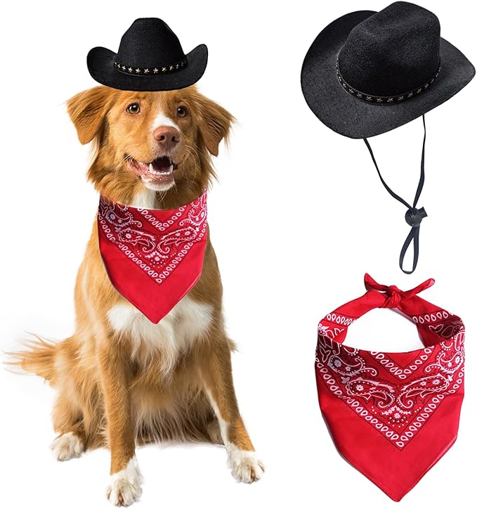 Dog Cowboy Hat Cat Cowboy Hat Mini Cowboy Hat for Dogs Cat Pet Cowboy Costume with Bandana Scarf Holiday Halloween Pet Party Decoration (Black, Large)