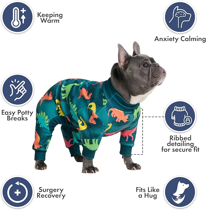 Spark Paws Dog Pajama, Dog Recovery Suit Male, Onesie, Ultra-Soft and 4-Way Stretch, for Small Medium and Large Breeds - Dinosaurs - L