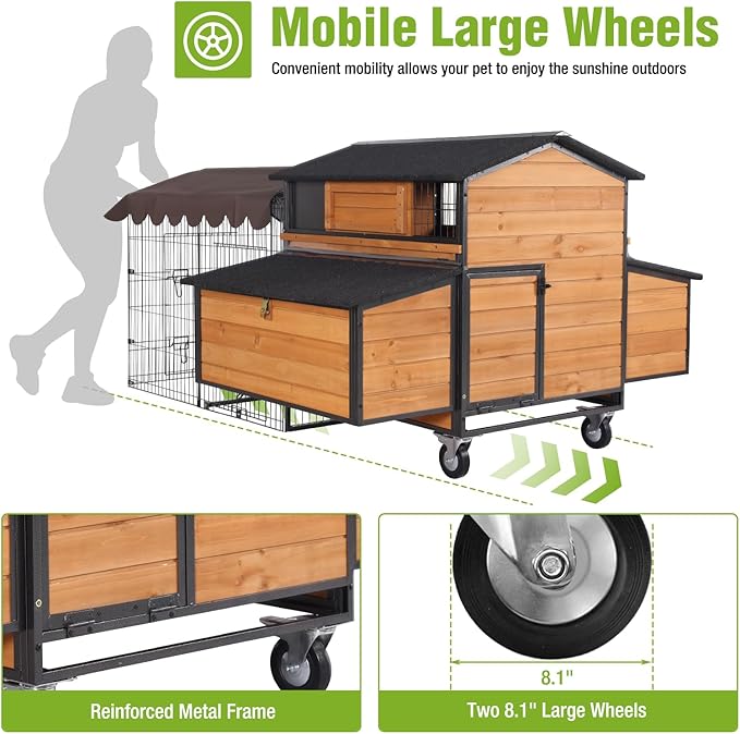 GUTINNEEN Large Metal Frame Chicken Coop for 6–8 Chickens, Solid Fir Wood Hen House with Reinforced Nesting Boxes, Oversized Wheels, Weatherproof Roof & Predator-Proof Run, 76.7" L x 53.8" W x 36.8" H