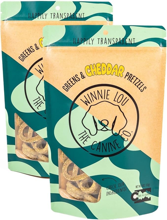 Winnie Lou Organic Dog Treats – Natural Dog Biscuits, USA Made, Organic Ingredients, Clean, Sensative Stomach, All Breed Sizes, High Protein, Hypoallergenic, Greens & Cheddar Pretzels (Pack of 2)