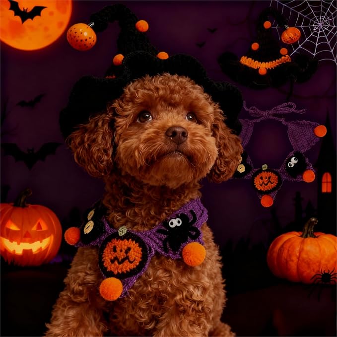 Halloween Dog Costume - Black Witch Hat & Halloween Outfit for Rabbits,Cats and Small Sized Dogs,Handmade Festive Halloween Pet Apparel with Pumpkin Design,Perfect for Dog & Cats