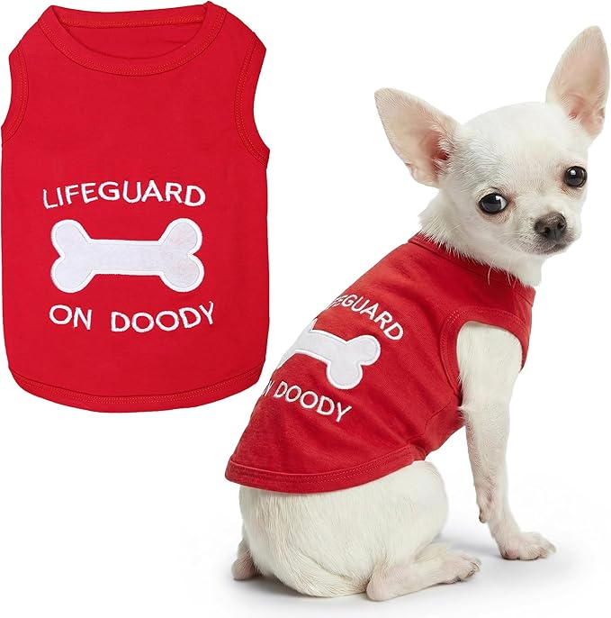 Parisian Pet Dog Shirt – 100% Cotton Shirts for Small Dogs – Sleeveless Red Lifeguard Puppy Vest – Lightweight and Breathable Pet Apparel – Pullover Summer Dog Clothes - Stretchy T Shirts for Dogs