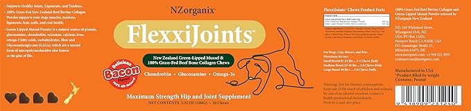 NZorganix FlexxiJoints Hip and Joint Supplement Chews for Dogs, Cats • 100% Grass-Fed Beef Bone Collagen New Zealand Green-Lipped Mussels • 50 Chews 2-Pack