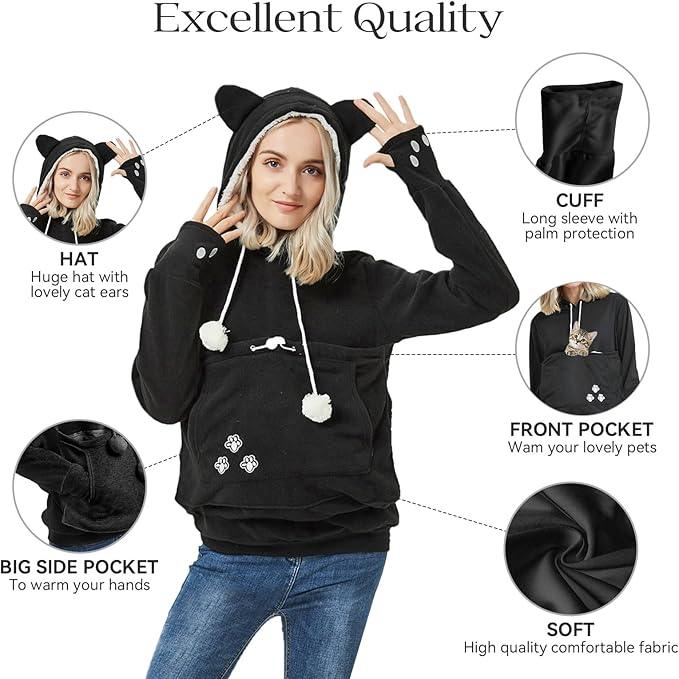 YYW Womens Pet Hoodies Pullover Sweatshirt Oversized Cat Hoodies Pet Holder Cat Dog Pouch Carriers (Black,Medium)