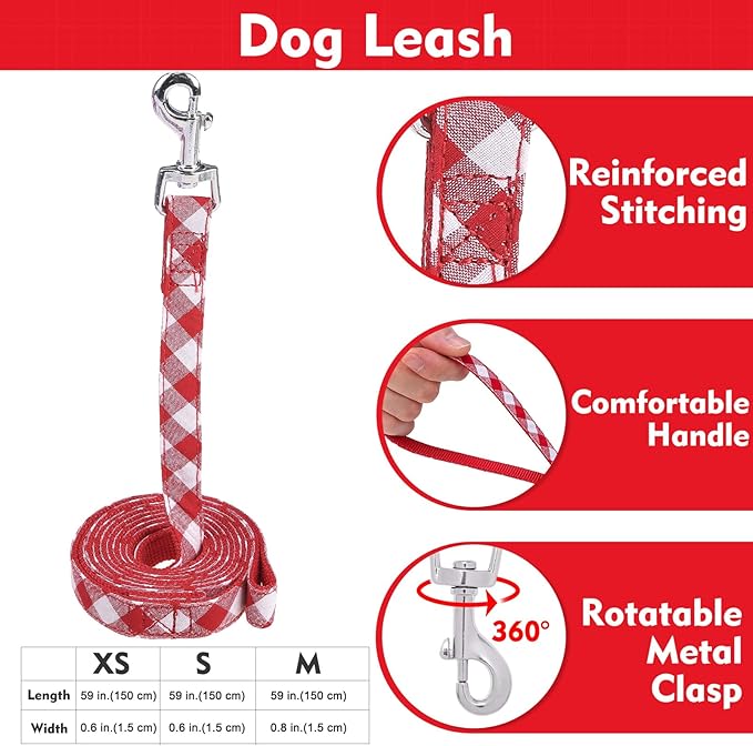 EXPAWLORER Cute Dog Harness Collar Leash Set - Red Girl Dog Harness Checkered Step-in Design, Detachable Bow Pet Collar, Adjustable No-Choke Lightweight Mesh Vest for Cats Puppy Small Dogs, S