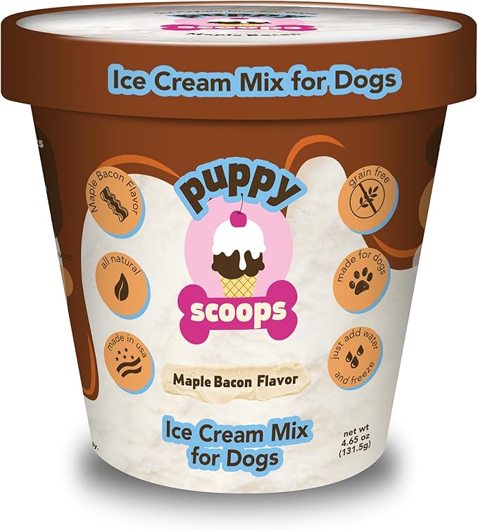 Puppy Scoops Dog Ice Cream Mix (Maple Bacon Flavor), 4.65 oz - Just Add Water and Freeze at Home, Powder Mix with Ice Cream Cup and Reusable Lid - Made in USA