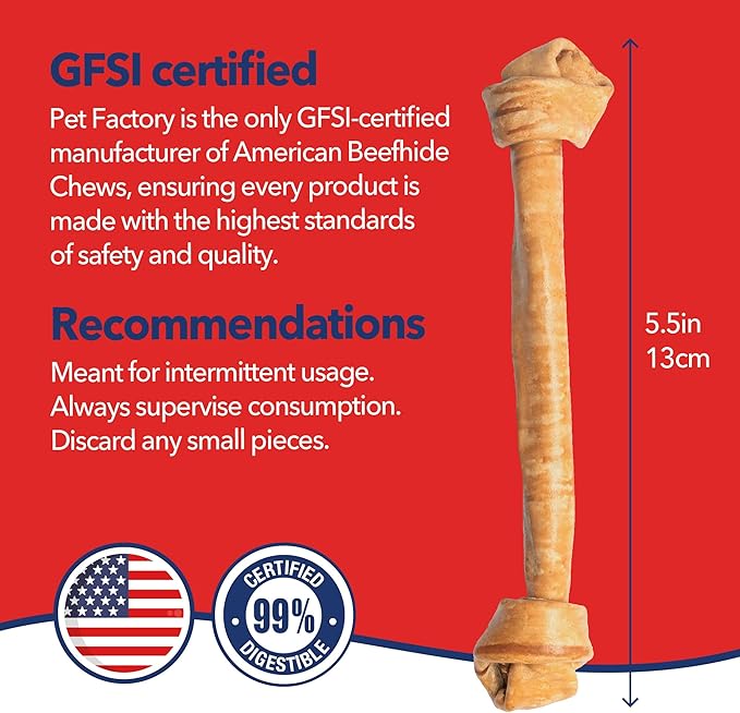 Pet Factory - Chicken Flavor American Beefhide Knotted Bone Dog Chew (20-22 inch) - Natural Long Lasting Chews for Dental Health, Thick Rawhide Dog Bones from USA Cattle