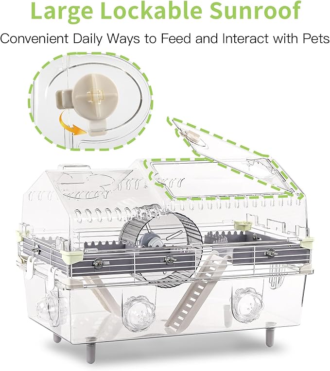Large Multilevel Hamster Cage 22x12x15in for Dwarf Hamster Robo Hamster with 2 Platforms, Exercise Wheel, 3 Connectable Tube Ports, 2 Ladders, Sunroof Door, Plastic Metal Wire, Clear/Gray