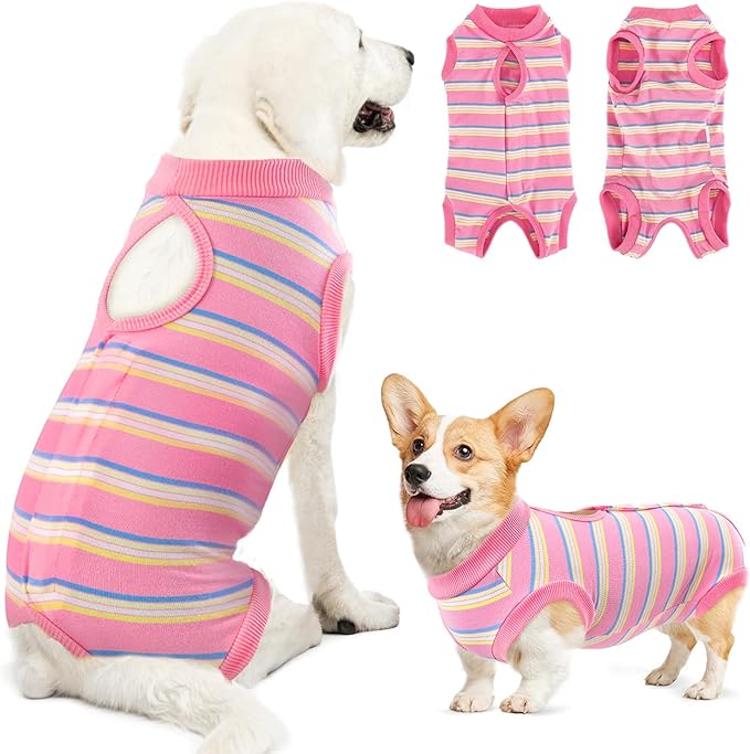 Lukovee Recovery Suit for Dogs, Onesie Surgery Recovery Suit for Female Male Dogs, Abdominal Wounds Cone E-Collar Alternative Prevent Licking Spay Recovery Suit (Pink Stripes,XL)