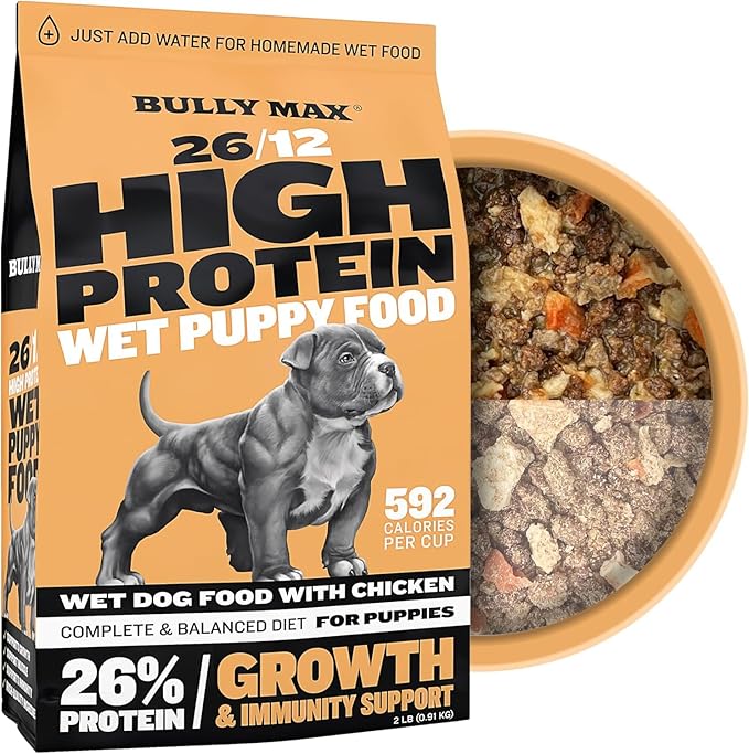 Bully Max Wet Puppy Food - Instant Fresh Dehydrated High Protein Soft Dog Food with Chicken - Healthy Growth for Small & Large Breed Puppies - 4 Dry Dog Food Pounds (Makes 11 lbs. of Wet Food)