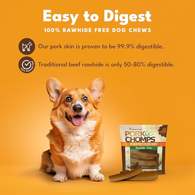 Pork Chomps Roasted Pork Skin Dog Chews, 6 Inch Rib Shapes, 10 Count, Pack of 2 - Long-Lasting Treats for Dogs - High Protein, Rawhide-Free, Low Fat, Healthy & Delicious Chews