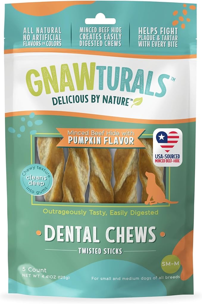 Dental Chews Twisted Sticks | for Medium and Large Dogs | USA Sourced Beef-Hide | Natural Scrubbing Action to Fight Plaque and Tartar While Refreshing Your Dog's Breath (5 Sticks, Pumpkin)