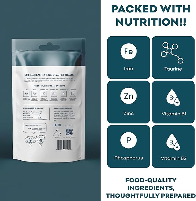 Skona PetFood Premium Chewy Dehydrated Pork Heart Jerky for Dogs & Cats, 1 lb of Pork Heart Dehydrated to 4 oz, Single Ingredient High Taurine Training Treat, Supports Heart Health & Muscle Repair