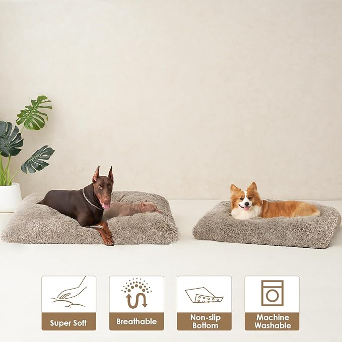 EHEYCIGA Fluffy Dog Crate Bed for Small Dogs, Plush Faux Fur Crate Pad, Calming Anti Anxiety Small Dog Bed, Washable Soft Warm Mat with Non-Slip Bottom, Taupe