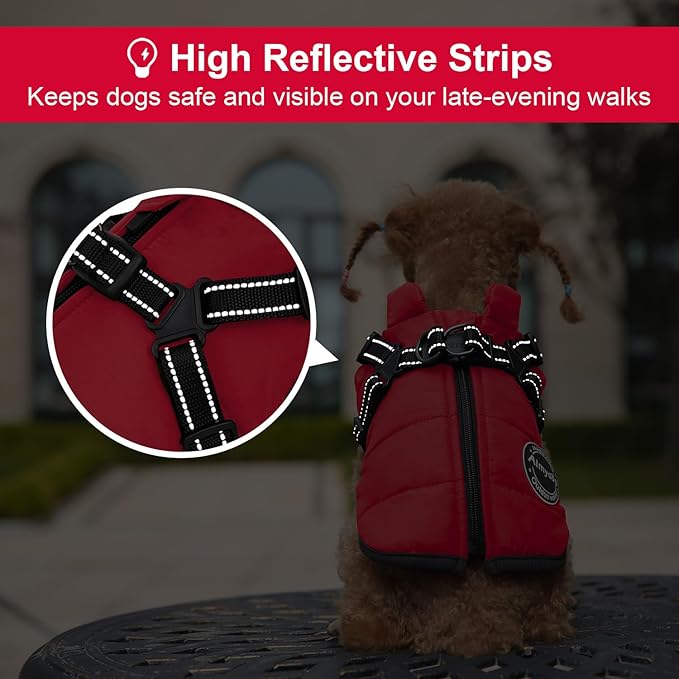 Dog Winter Coat, Warm Dog Jacket Reflective Adjustable Fleece Vest with Harness Built in, Windproof Pet Snow Jacket Snowsuit with Zipper for Small Medium Dogs, Red XS