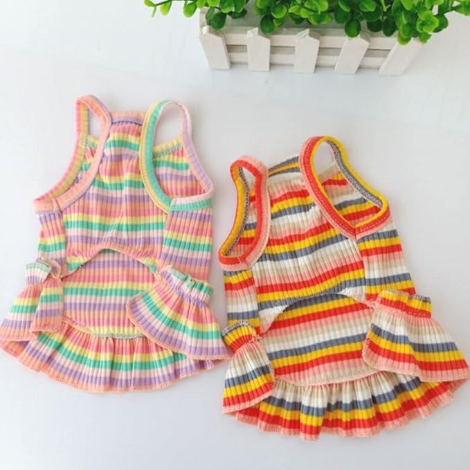 Dog Rainbow Stripe Dress Summer Cat Outfits Soft Breathable Cotton Outfits Clothes for Small Medium X-L XX-L Girls Puppy Lightweight Pet Dresses