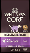 Wellness CORE Digestive Health Senior Dry Dog Food, Wholesome Grains, Natural, Recipe for Dogs with Sensitive Stomachs, Age Advantage Chicken & Brown Rice, (24-Pound Bag)
