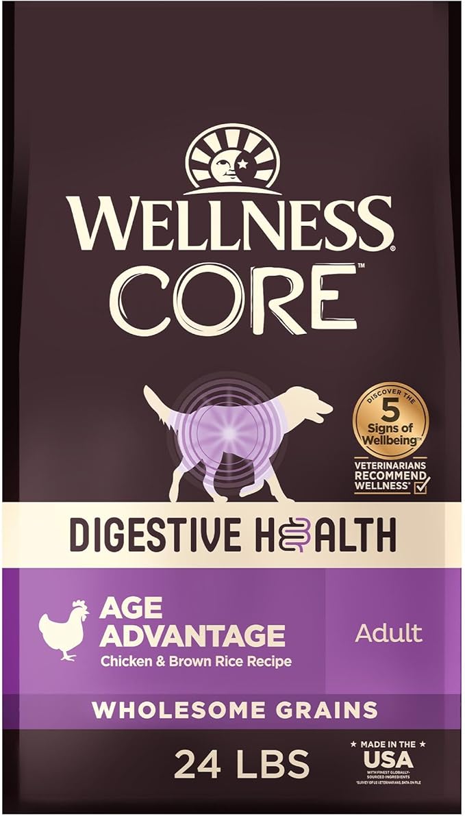 Wellness CORE Digestive Health Senior Dry Dog Food, Wholesome Grains, Natural, Recipe for Dogs with Sensitive Stomachs, Age Advantage Chicken & Brown Rice, (24-Pound Bag)