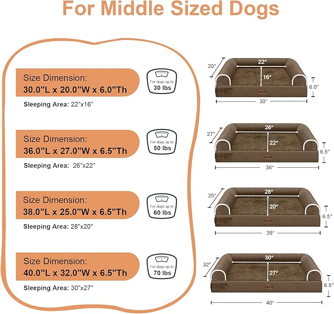 Medium Large Dog Bed Orthopedic Washable: Beds Bolster Medium Large Sized Dog Bed Egg Crate Foam Couch Sofa Waterproof with Removable Cover - Dark Coffee