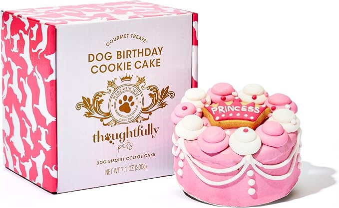 Thoughtfully Pets, Pink Princess Dog Birthday Gourmet Mini Cookie Cake, Peanut Butter Flavored, Hand Decorated Hollow Biscuit Cake for Any Breed