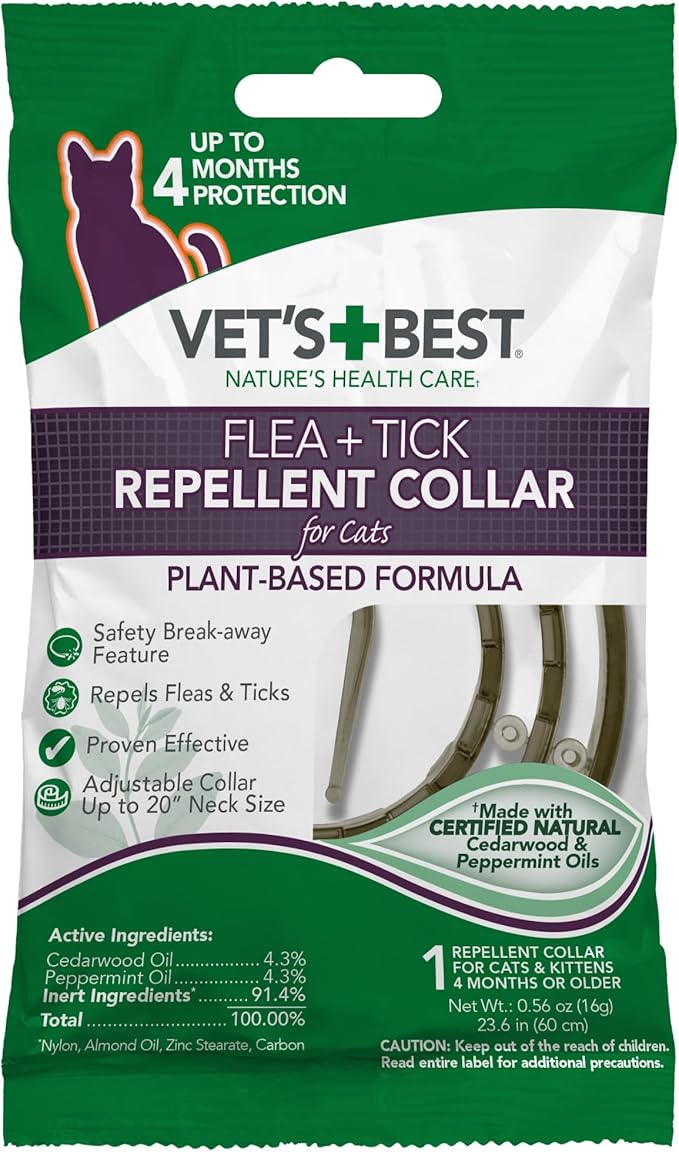 Vet’s Best Flea and Tick Repellent Collar for Cats, Plant-Based Flea and Tick Prevention Collar with Natural Oils, Adjustable Cat Collar Up to 20 Inch Neck