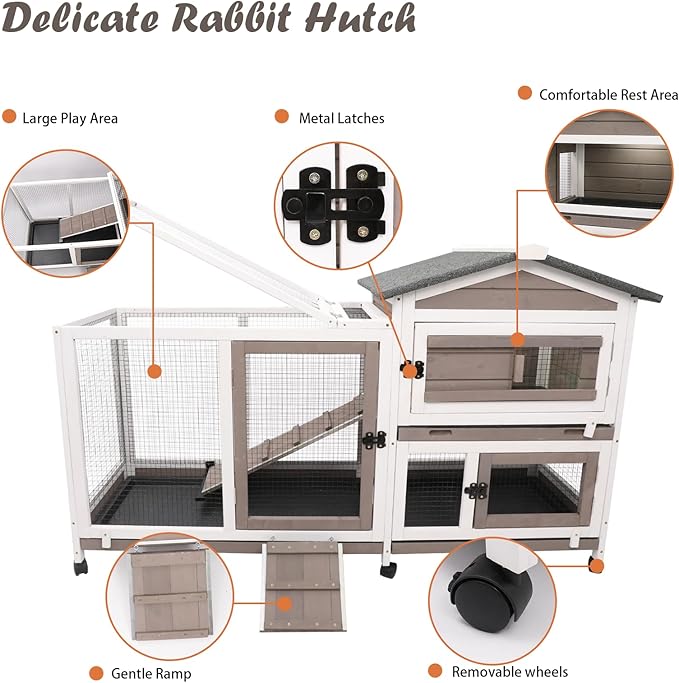Gowoodhut Rabbit Hutch Indoor Outdoor 2 Story Bunny Cage with 3 No Leak Trays,55.31" L Guinea Pig Cages Rabbit Cage with 6 Wheels for Guinea Pig,Rabbit for Rabbit Lover|Pet Lover(White/Grey)