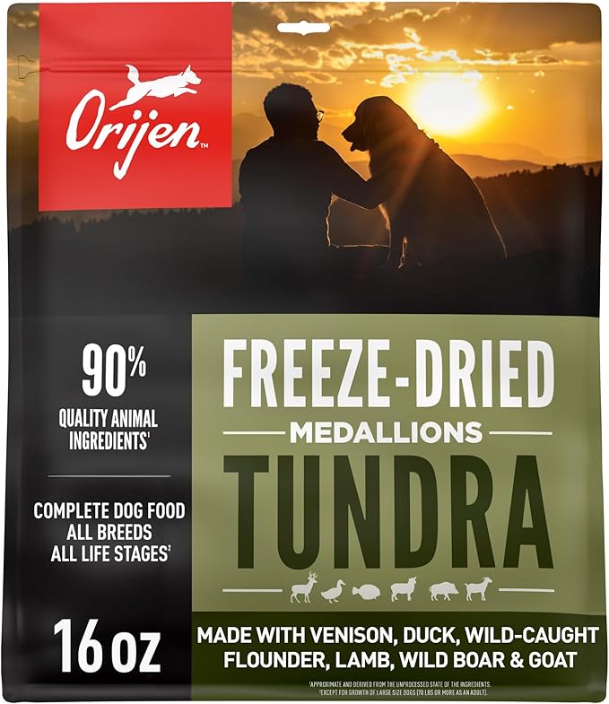 ORIJEN Grain Free High Protein Freeze Dried Dog Food & Topper Tundra Recipe 16oz Bag