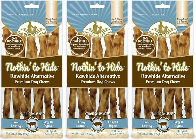 Fieldcrest Farms Nothing to Hide Natural Rawhide Alternative Twist Stix for Dogs - 3 Pack (30 Sticks) Premium Grade Easily Digestible Chews - Great for Dental Health (3 Count (Pack of 1), Beef)