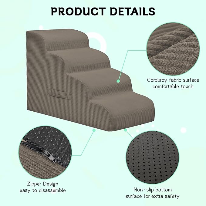 Mesa Lemon Dog Steps for Small Dogs, 3-Step Pet Ramp Stairs for High Beds and Sofa, Non-Slip Pet Stairs for Small Dogs and Cats, Removable and Easy to Clean Cover, Light Brown