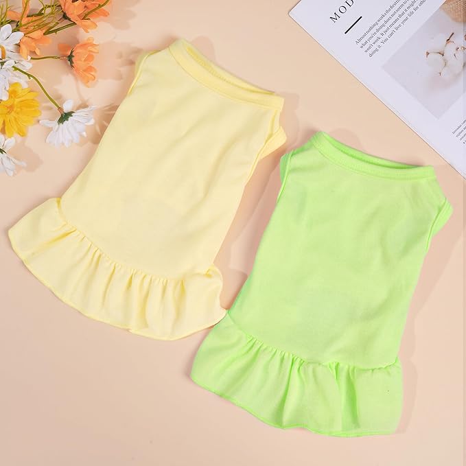 2 Pcs Dog Dresses Cat Skirt Solid Color Dog Clothes Summer Sleeveless Puppy Girl Clothes for Small Pet Dogs Cats (Yellow,Green, Medium)