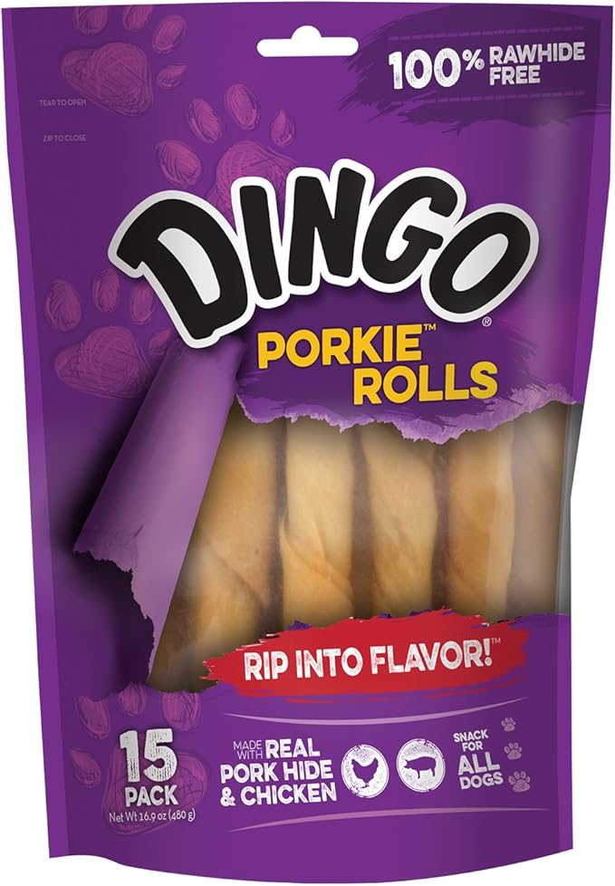 Dingo Porkie Rolls 15 Count, Pork Hide Chews for Dogs, Made with Real Chicken