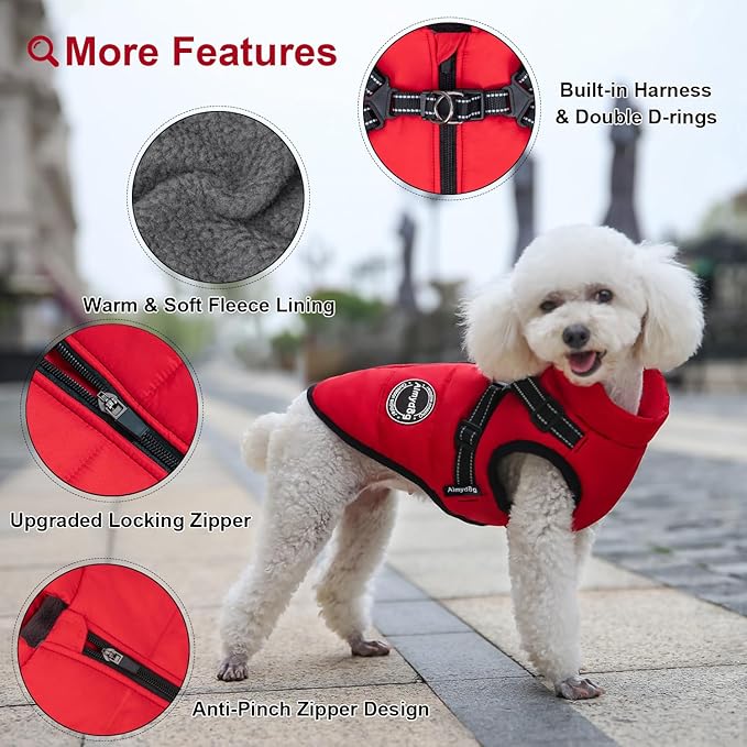 Dog Winter Coat, Warm Dog Jacket Reflective Adjustable Fleece Vest with Harness Built in, Windproof Pet Snow Jacket Snowsuit with Zipper for Small Medium Dogs, Red XS