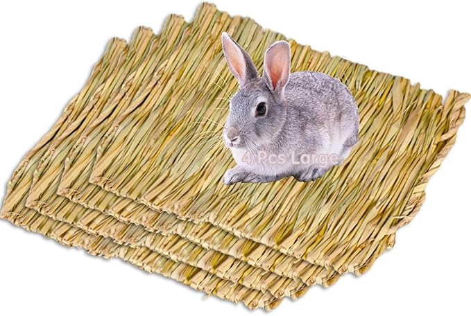 Hamiledyi Rabbit Grass Mat 4PCS Large Woven Bed Mat for Small Animal Bunny Bedding Nest Chew Toy Bed Play Toy for Guinea Pig Parrot Rabbit Bunny Hamster Rat