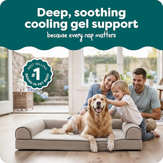 Furhaven Cooling Gel Dog Bed for Large Dogs w/ Removable Bolsters & Washable Cover, For Dogs Up to 95 lbs - Sherpa & Chenille Sofa - Cream, Jumbo/XL