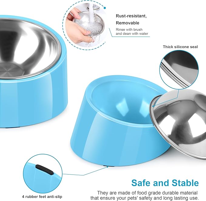 Tilted Dog Bowl Non-Slip & Non-Spill Pet Feeder with Elevated Detachable Melamine Stand, Easy to Get Food Dog Dish, L/300ml Sky Blue
