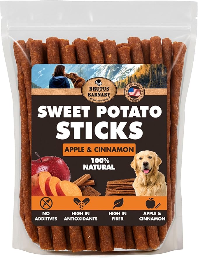 BRUTUS & BARNABY USA Sweet Potato Dog Treats - Crunchy Grain Free Cinnamon Apple Sticks, Promotes Positive Gut Health with Natural Anti-Diarrhea Properties (Cinnamon & Apple, 2 lb)