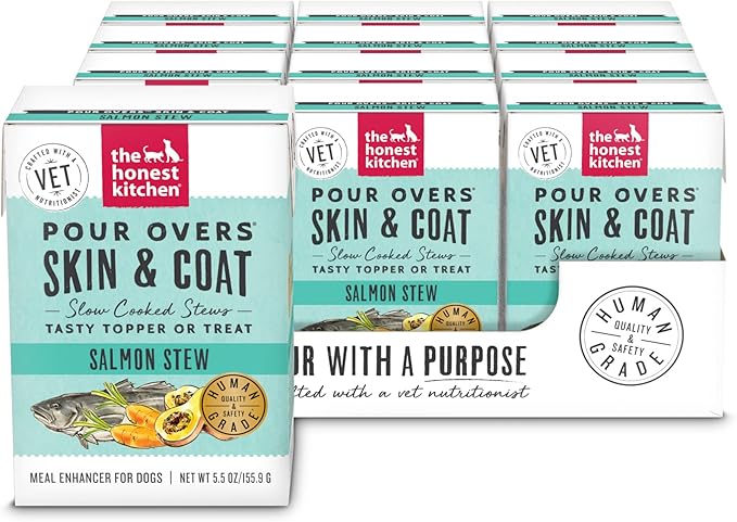 The Honest Kitchen Human Grade Functional Pour Overs: Skin & Coat - Salmon Stew Dog Food Topper, 5.5 oz x12