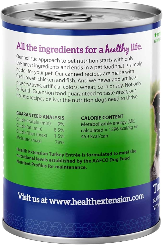 Health Extension Turkey Entrée Wet Dog Food Grain-Free, 12.5 oz – Protein-Rich Recipe, Hydration Support, Ideal for Sensitive Stomachs (Case of 12 Cans)