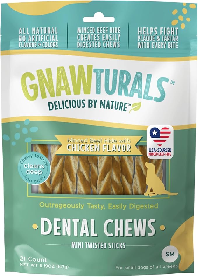 Dental Chews Twisted Sticks | for Small to Medium Dogs | USA Sourced Beef-Hide | Natural Scrubbing Action to Fight Plaque and Tartar While Refreshing Your Dog's Breath (21 Sticks, Chicken)