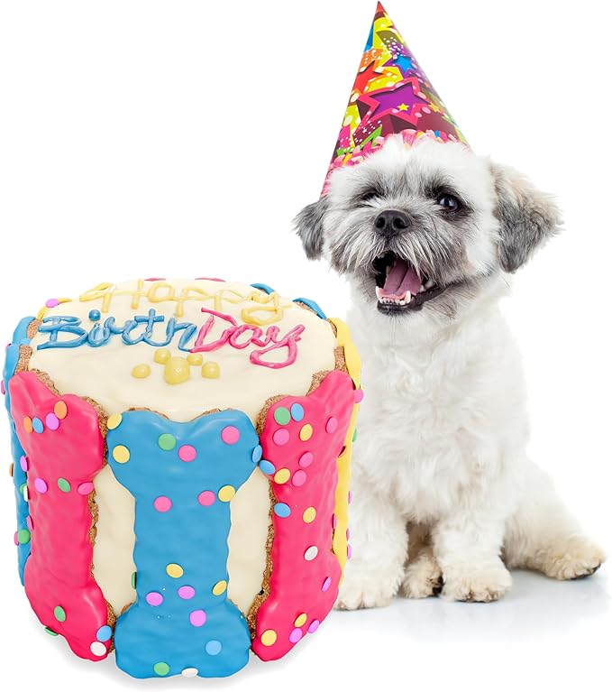 Dog Birthday Cake for Dogs to Eat - Rice Cake Based Dessert Made with Dog Birthday Treats and Human Grade Ingredients Gift for Puppy (5"x5"x5", Tri-Color)