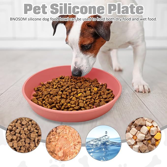 BNOSDM Silicone Cat Food Plate 2 Pack Shallow Dog Bowl Flat Puppy Feeding Dish for Small Dogs and Cats Whisker Fatigue Pet Plates for Dry and Wet Food (Rose Red)