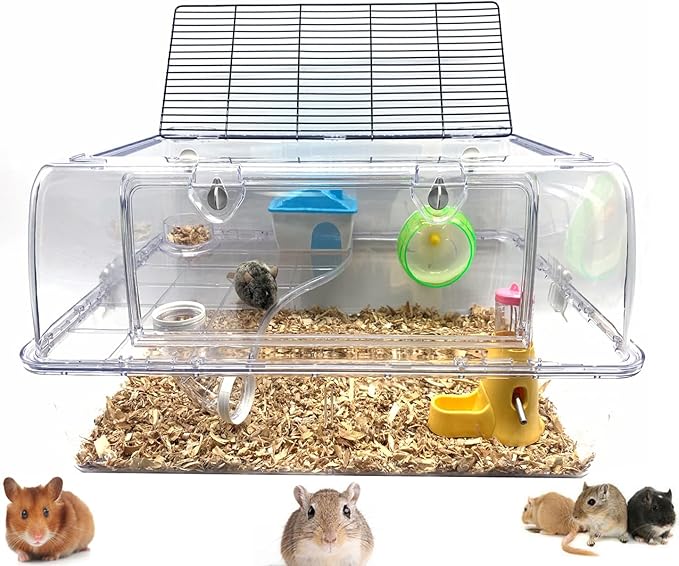 Large 2-Tiers Acrylic Clear Hamster Mouse Deluxe Palace House Habitat with Large Running Wheel Water Bottle Tower Food Bowl Hide House Deep Base Ground Expansible Outlet