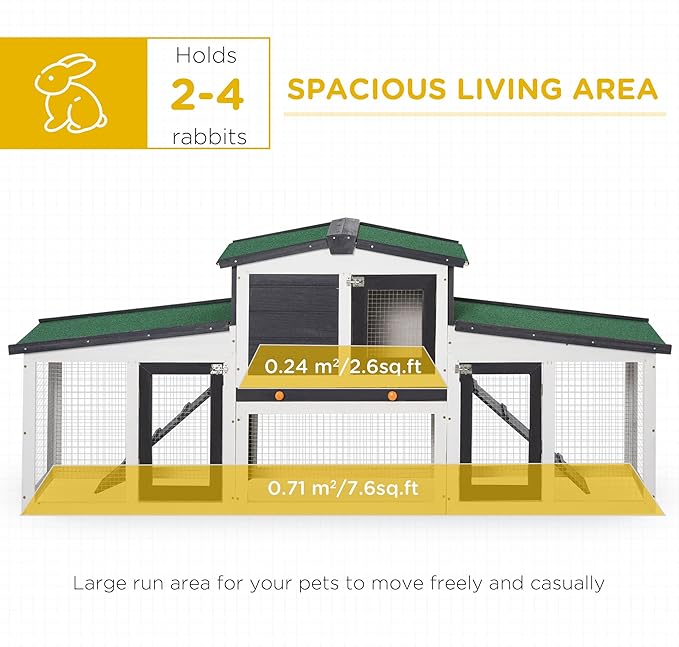 PawHut Large Rabbit Hutch with Double Runs, Wooden Guinea Pig Cage Outdoor, Bunny Cage with Removable Tray, Ramps, Roof, for Rabbits, Chickens, Ducks, 78" x 19" x 34", Gray