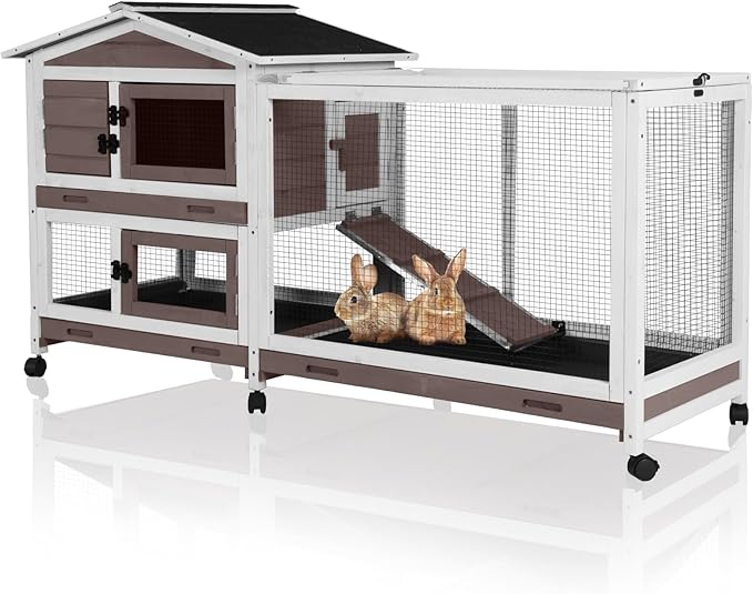 GUTINNEEN Rabbit Hutch with Chew-Proof Ramp, Large Mobile Bunny Cage with 6 Wheels, 2 Story Wooden Cage for Rabbits, Guinea Pigs, and Chickens, Outdoor/Indoor Use, 62" L x 22.6" W x 33.5" H