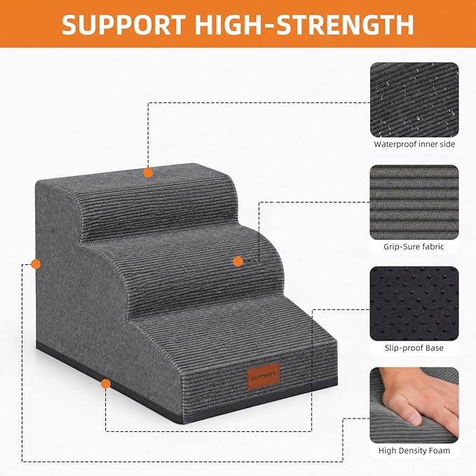 Dog Stairs for Small Dogs and Cats, 15.7" H, 3-Step Curved Pet Ramp for Couch Sofa and Chair, Non-Slip Medium Pet Steps with High Density Foam, Grey