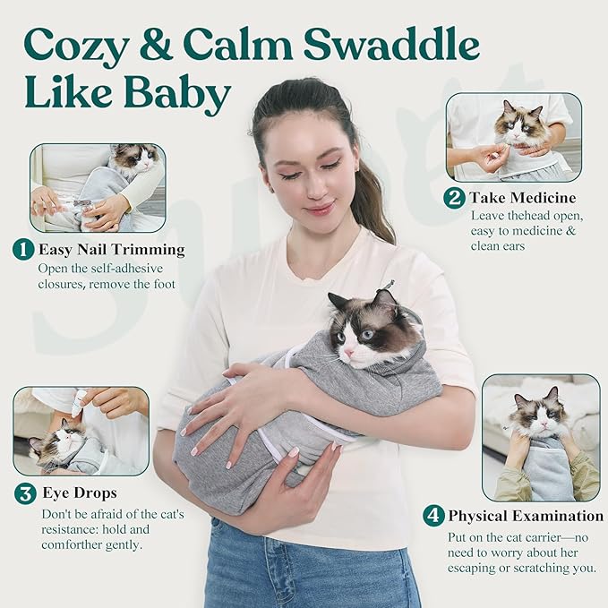 Supet Cat Grooming Wrap for Cutting Nails, Self-Adhesive Anti-Scratch Swaddle with Bite-Proof Mesh Hood & Thick Waist Strap Anti-Escape Bag for Nail Trimming, Medication, Ear Cleaning (Grey M)