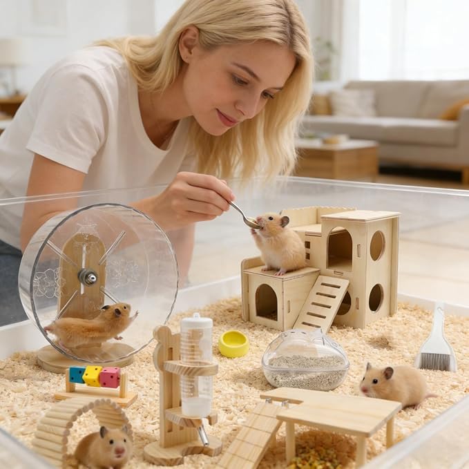 9 Pcs Hamster Cage Accessories, Silent Hamster Wheel, Wooden House and Platform, Wooden Fence, Water Bottle Set, Ceramic Food Bowl, Bath Sand Container, Mini Cleaner for Rat Mice Small Animals Habitat