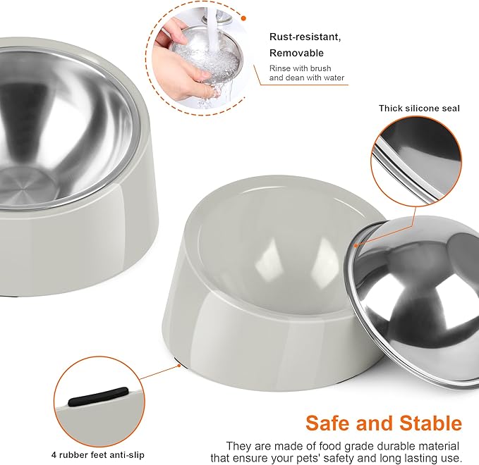 Tilted Dog Bowl Non-Slip & Non-Spill Pet Feeder with Elevated Detachable Melamine Stand, Easy to Get Food Dog Dish, M/180ml Gray