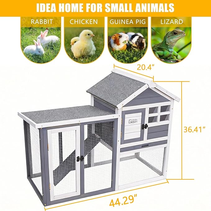 GEGURI Large Rabbit Hutch Indoor Outdoor Chicken Coop Wooden Bunny Cage with Waterproof Roof (48''L x 24''W x 36''H Grey)