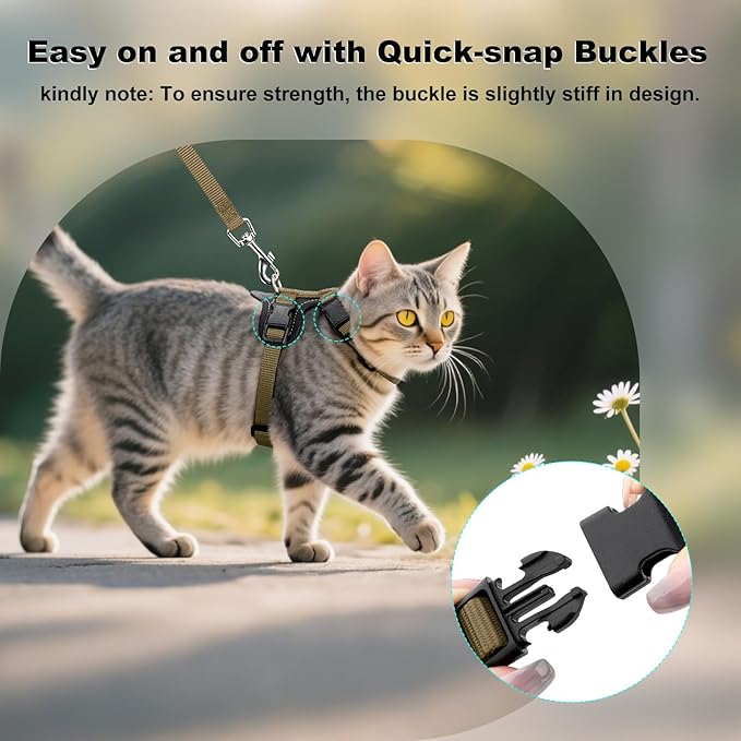 Plutus Pet Adjustable Cat Harness and Leash Set, Quick Release, Escape Proof Nylon Vest with Leather Trim for Kitten, Small Medium Large Cats, Brown